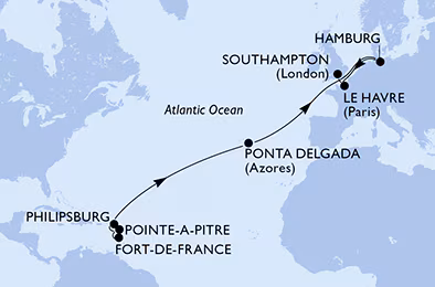 Itinerariu Croaziera Transatlantic Fort de France spre Southampton - MSC Cruises - MSC Virtuosa - 16 nopti