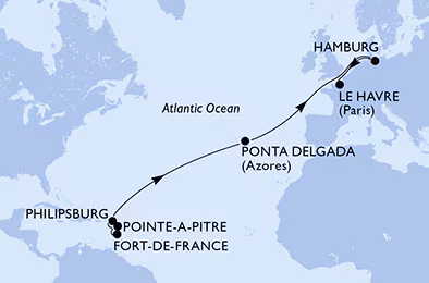 Itinerariu Croaziera Transatlantic Fort de France spre Hamburg - MSC Cruises - MSC Virtuosa - 15 nopti