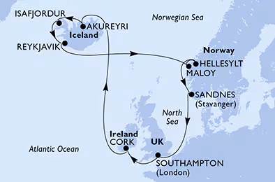 Itinerariu Croaziera Fiordurile Norvegiene & Islanda - MSC Cruises - MSC Virtuosa - 14 nopti