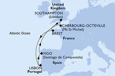 Itinerariu Croaziera Vestul Europei - MSC Cruises - MSC Virtuosa - 7 nopti
