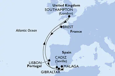Itinerariu Croaziera Oc.Atlantic - MSC Cruises - MSC Virtuosa - 9 nopti