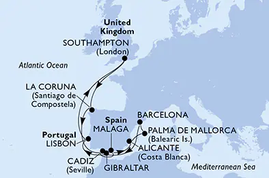 Itinerariu Croaziera Mediterana de Vest & Oc.Atlantic - MSC Cruises - MSC Virtuosa - 14 nopti