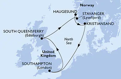 Itinerariu Croaziera Fiordurile Norvegiene - MSC Cruises - MSC Virtuosa - 7 nopti