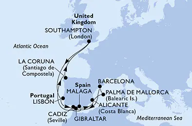 Itinerariu Croaziera Mediterana de Vest & Oc.Atlantic - MSC Cruises - MSC Virtuosa - 14 nopti
