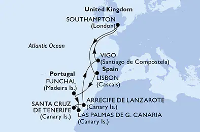 Itinerariu Croaziera Insulele Canare - MSC Cruises - MSC Virtuosa - 12 nopti