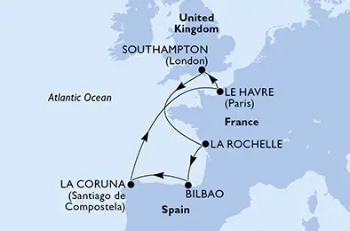 Itinerariu Croaziera Vestul Europei - MSC Cruises - MSC Virtuosa - 7 nopti