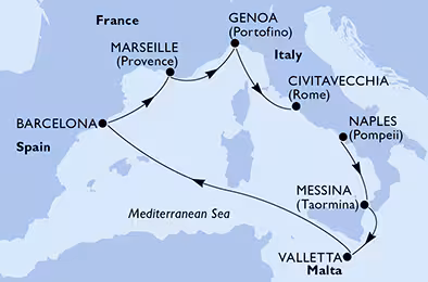 Itinerariu Croaziera Mediterana de Vest - MSC Cruises - MSC World Europa - 7 nopti