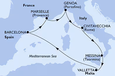 Itinerariu Croaziera Mediterana de Vest - MSC Cruises - MSC World Europa - 7 nopti