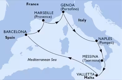 Itinerariu Croaziera Mediterana de Vest - MSC Cruises - MSC World Europa - 7 nopti