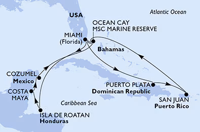 Itinerariu Croaziera Caraibe & Bahamas - MSC Cruises - MSC World America - 14 nopti