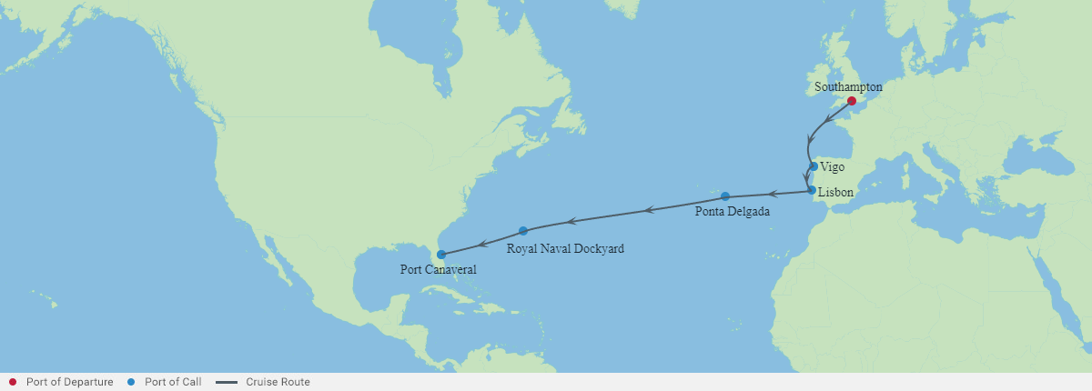 Itinerariu Croaziera Transatlantic Southampton spre Port Canaveral - Celebrity Cruises - Celebrity Apex - 13 nopti