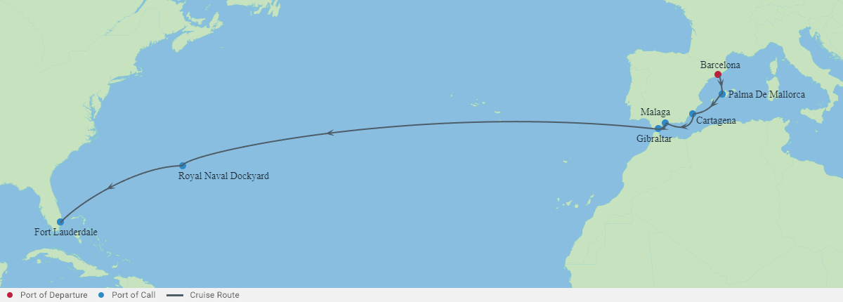 Itinerariu Croaziera Transatlantic Barcelona spre Fort Lauderdale - Celebrity Cruises - Celebrity Eclipse - 14 nopti