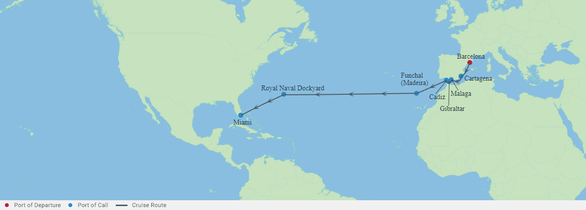 Itinerariu Croaziera Transatlantic Barcelona spre Miami - Celebrity Cruises - Celebrity Xcel - 16 nopti